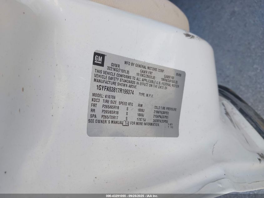 2007 Cadillac Escalade Standard VIN: 1GYFK63817R199374 Lot: 43291055