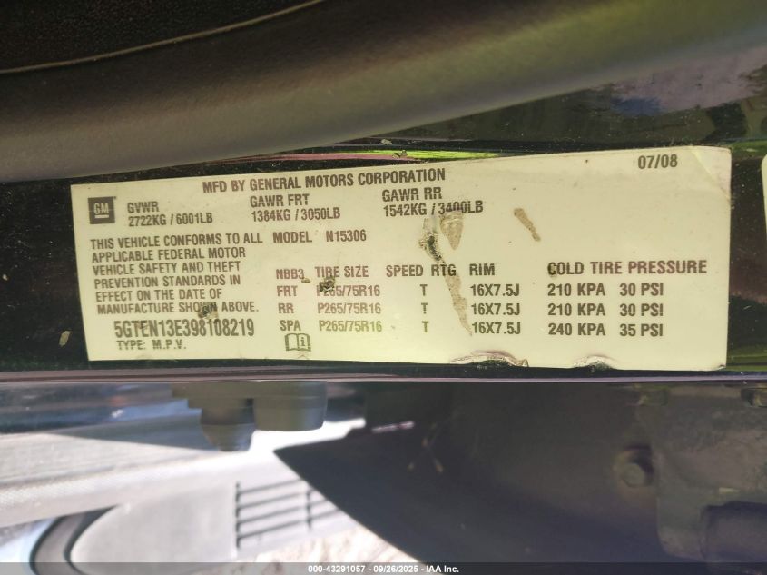 2009 Hummer H3 Suv VIN: 5GTEN13E398108219 Lot: 43291057