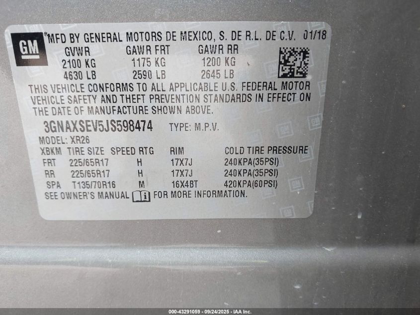 2018 Chevrolet Equinox Lt VIN: 3GNAXSEV5JS598474 Lot: 43291059