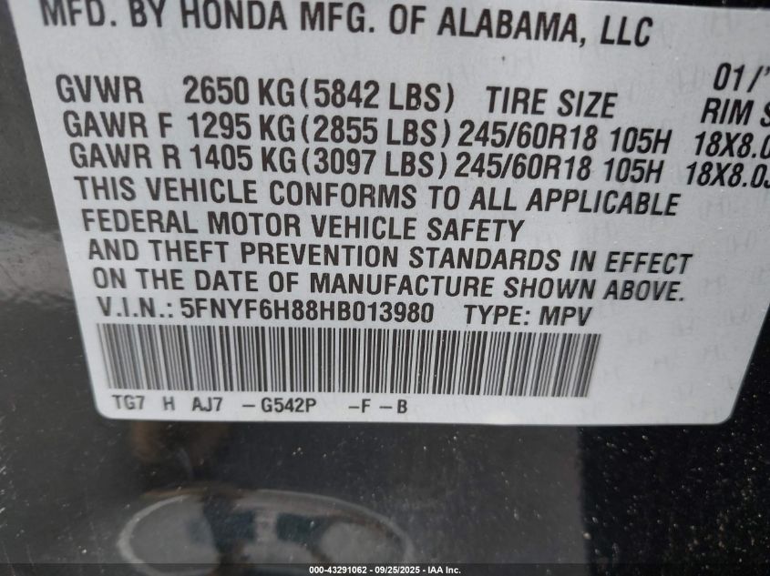 2017 Honda Pilot Ex-L VIN: 5FNYF6H88HB013980 Lot: 43291062