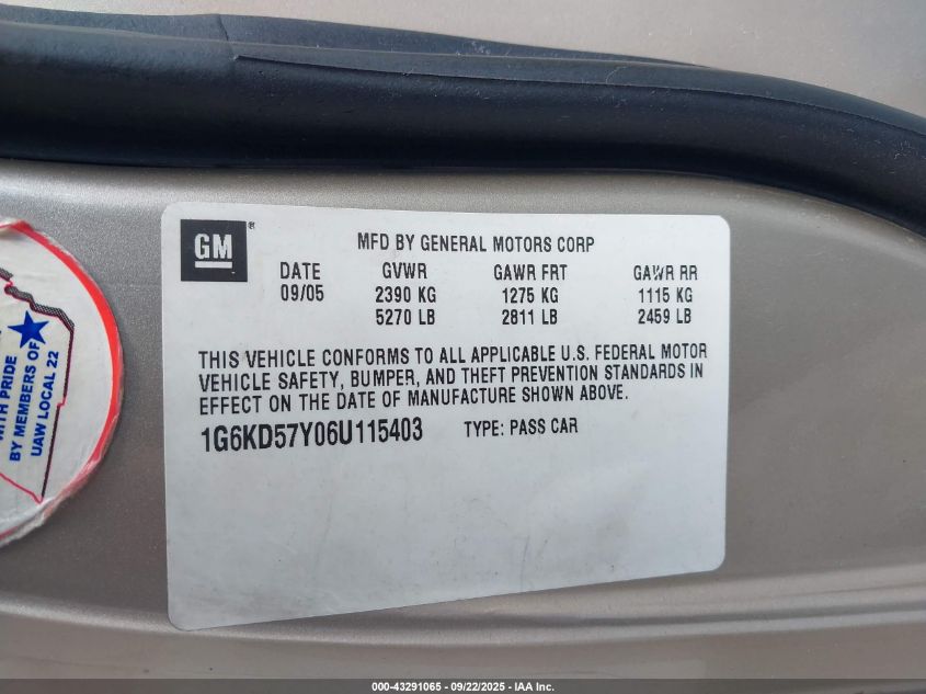 2006 Cadillac Dts Standard VIN: 1G6KD57Y06U115403 Lot: 43291065