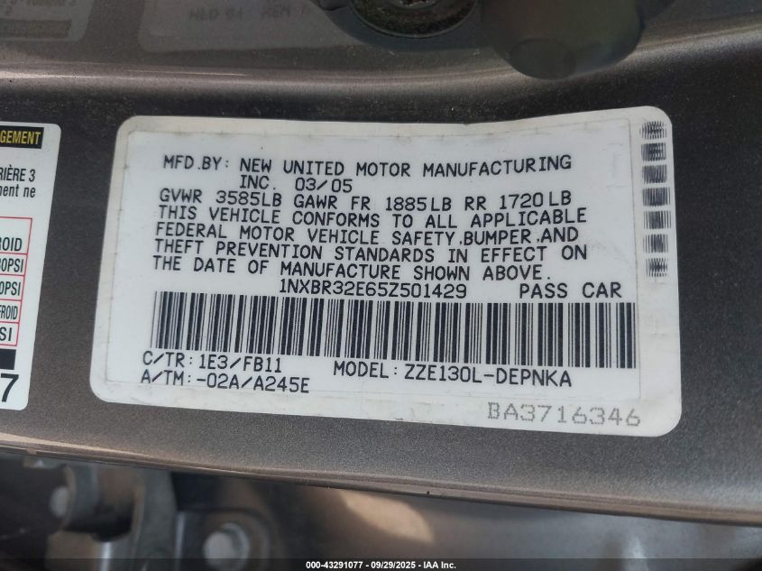 2005 Toyota Corolla Le VIN: 1NXBR32E65Z501429 Lot: 43291077