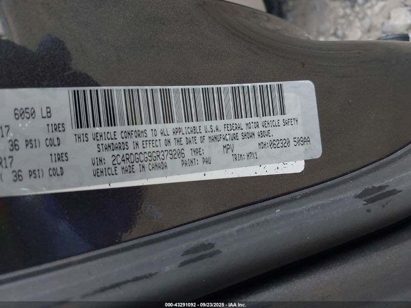 2016 Dodge Grand Caravan Sxt VIN: 2C4RDGCG9GR379206 Lot: 43291092