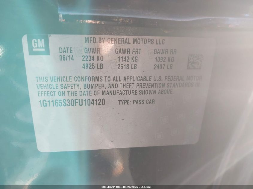 2015 Chevrolet Impala 2Lz VIN: 1G1165S30FU104120 Lot: 43291103