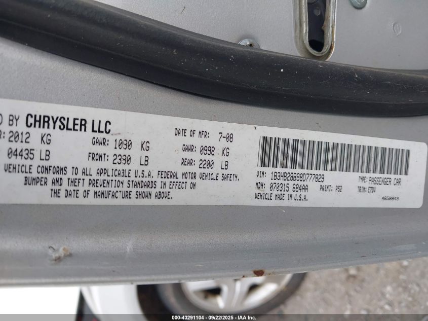 2008 Dodge Caliber Se VIN: 1B3HB28B98D777829 Lot: 43291104