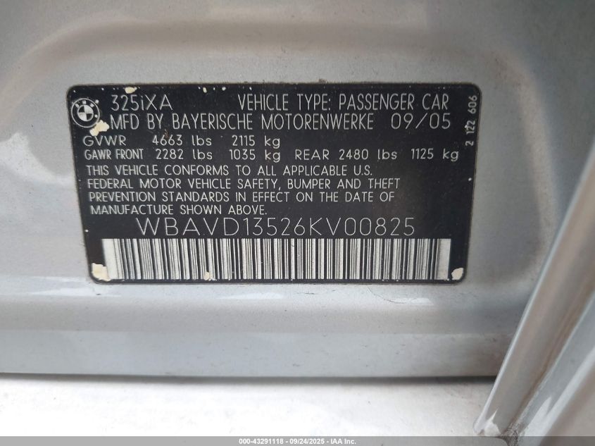 2006 BMW 325Xi VIN: WBAVD13526KV00825 Lot: 43291118