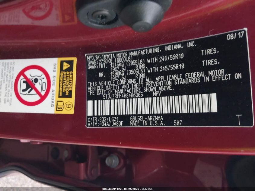 2017 Toyota Highlander Se VIN: 5TDJZRFH4HS466065 Lot: 43291122