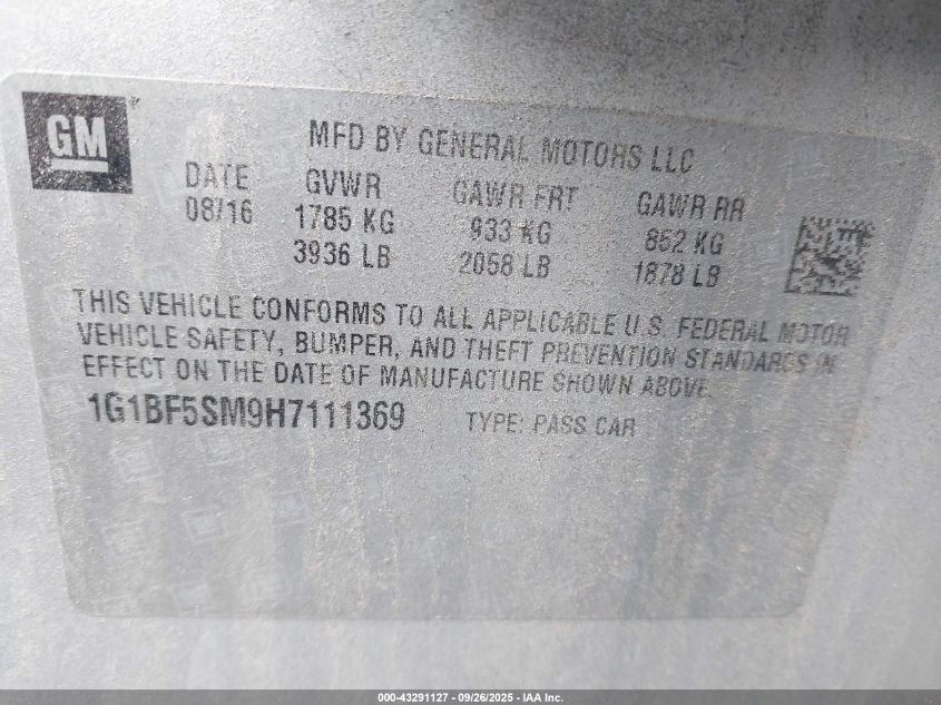 2017 Chevrolet Cruze Premier Auto VIN: 1G1BF5SM9H7111369 Lot: 43291127