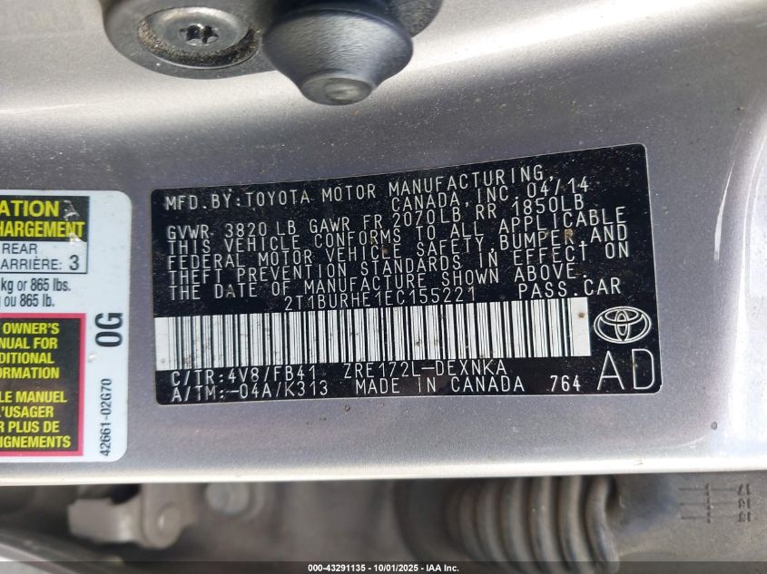 2014 Toyota Corolla Le VIN: 2T1BURHE1EC155221 Lot: 43291135