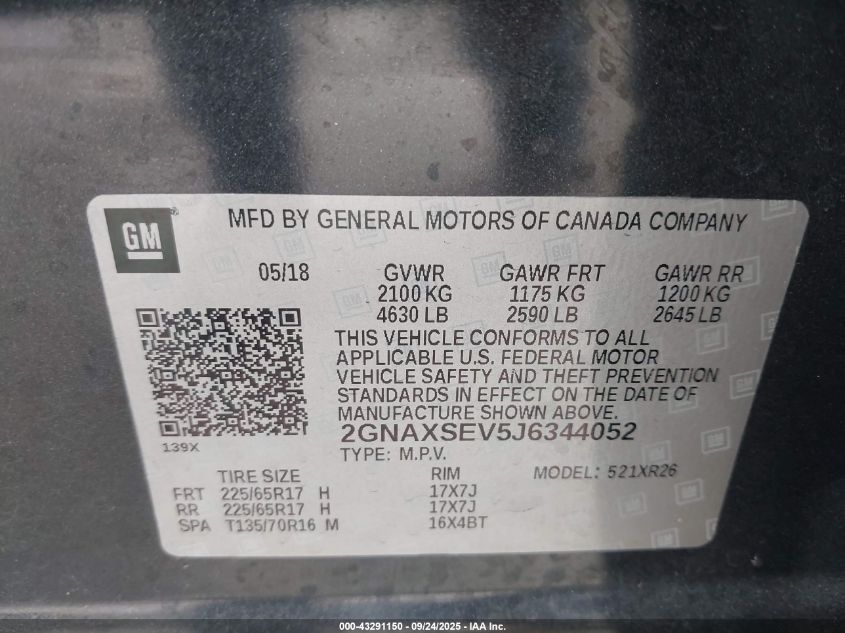 2018 Chevrolet Equinox Lt VIN: 2GNAXSEV5J6344052 Lot: 43291150