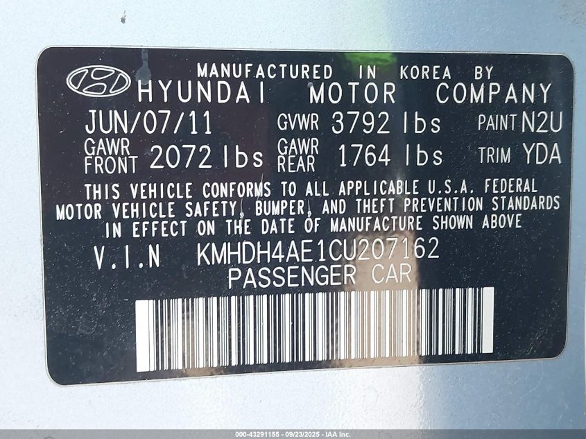 2012 Hyundai Elantra Limited (Ulsan Plant) VIN: KMHDH4AE1CU207162 Lot: 43291155