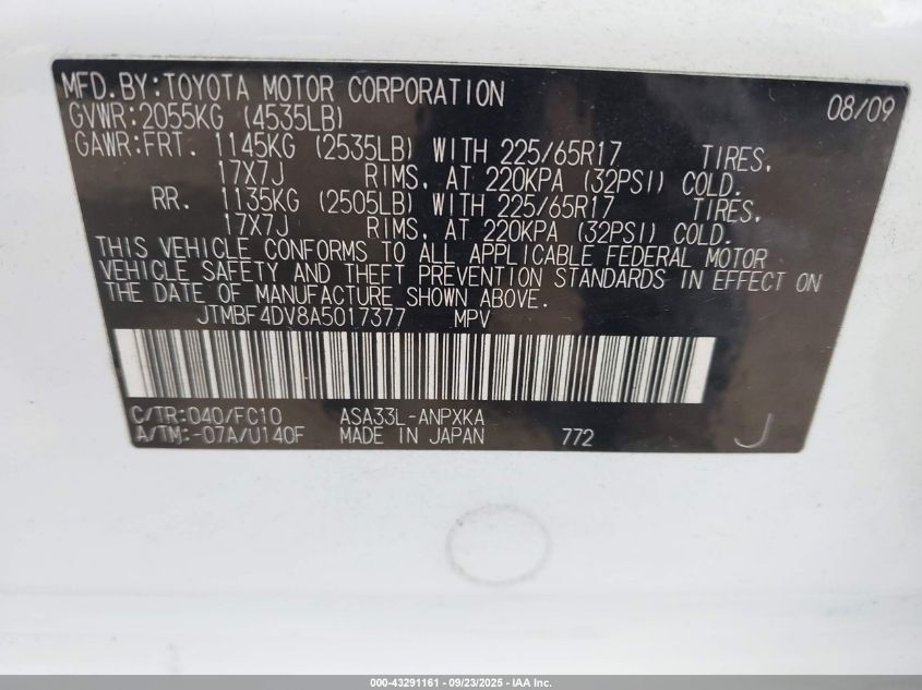 2010 Toyota Rav4 VIN: JTMBF4DV8A5017377 Lot: 43291161