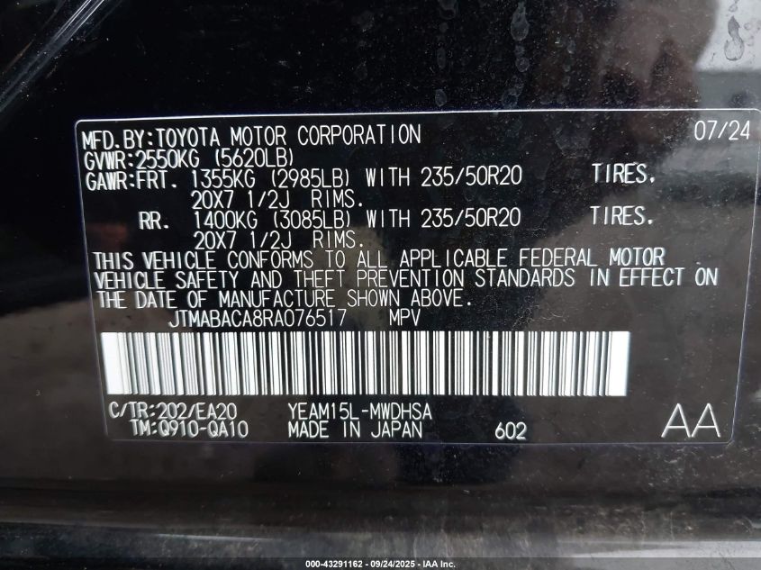 2024 Toyota Bz4X Limited VIN: JTMABACA8RA076517 Lot: 43291162