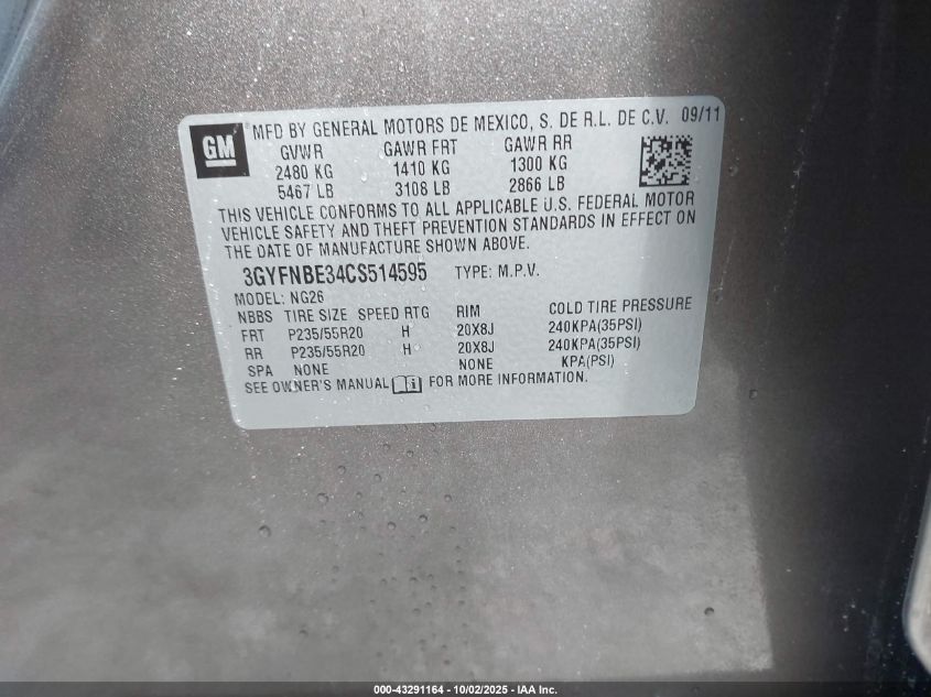 2012 Cadillac Srx Performance Collection VIN: 3GYFNBE34CS514595 Lot: 43291164