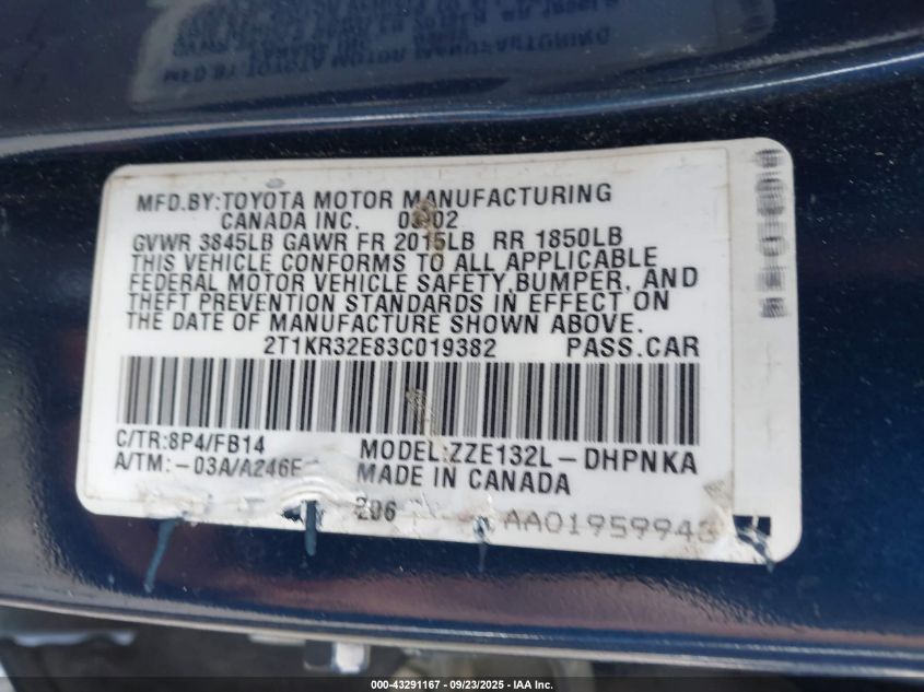 2003 Toyota Matrix Xr VIN: 2T1KR32E83C019382 Lot: 43291167