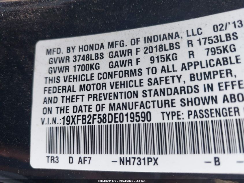 2013 Honda Civic Lx VIN: 19XFB2F58DE019590 Lot: 43291172