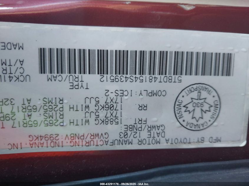 2004 Toyota Tundra Limited V8 VIN: 5TBDT48154S439512 Lot: 43291176