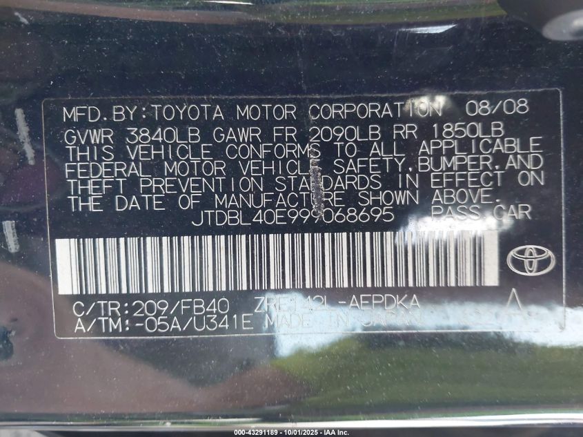 2009 Toyota Corolla Le VIN: JTDBL40E999068695 Lot: 43291189