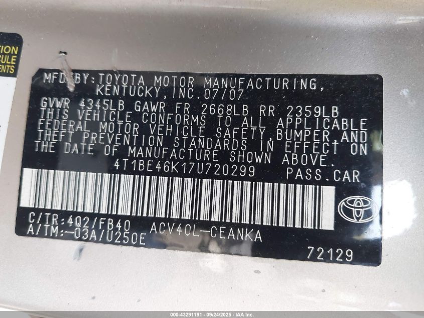 2007 Toyota Camry Le VIN: 4T1BE46K17U720299 Lot: 43291191
