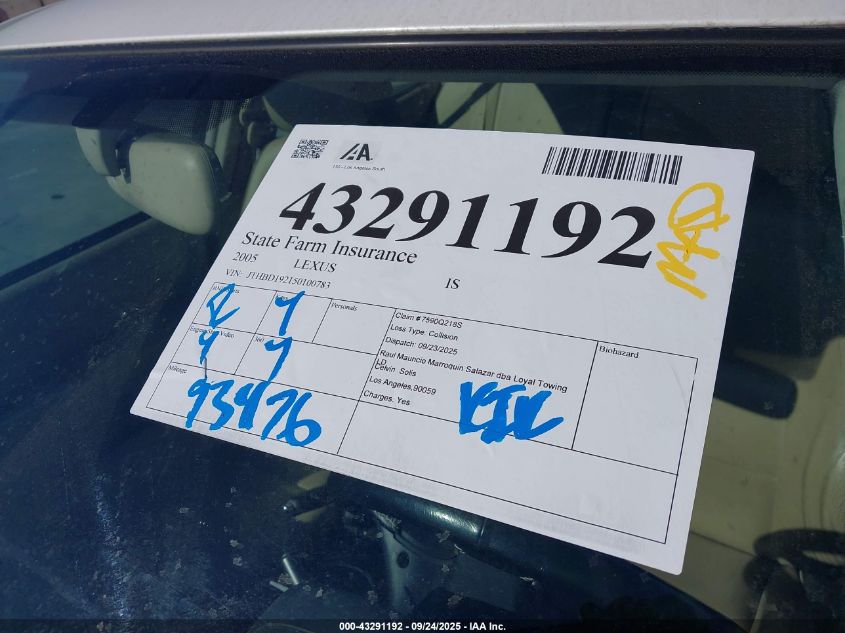 2005 Lexus Is 300 VIN: JTHBD192150100783 Lot: 43291192