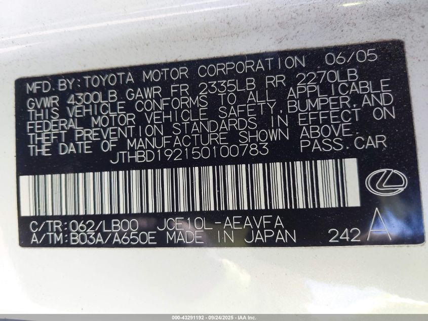 2005 Lexus Is 300 VIN: JTHBD192150100783 Lot: 43291192