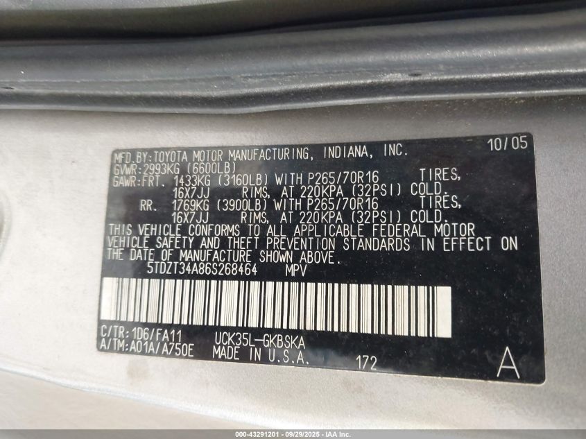 2006 Toyota Sequoia Sr5 V8 VIN: 5TDZT34A86S268464 Lot: 43291201