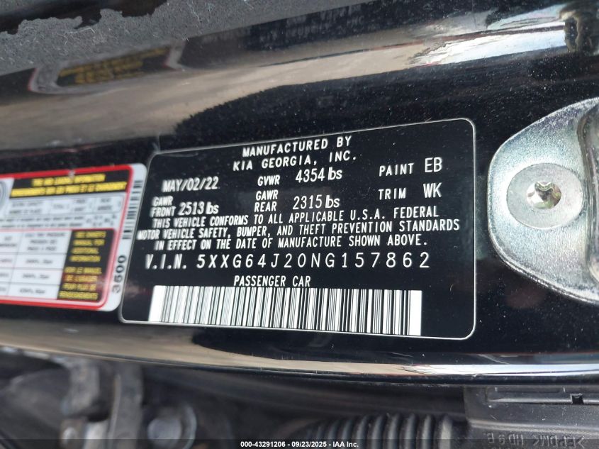 2022 Kia K5 Gt-Line VIN: 5XXG64J20NG157862 Lot: 43291206