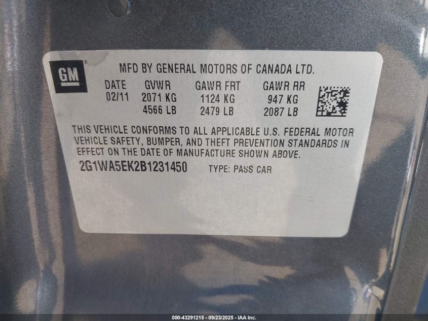 2011 Chevrolet Impala Ls VIN: 2G1WA5EK2B1231450 Lot: 43291215