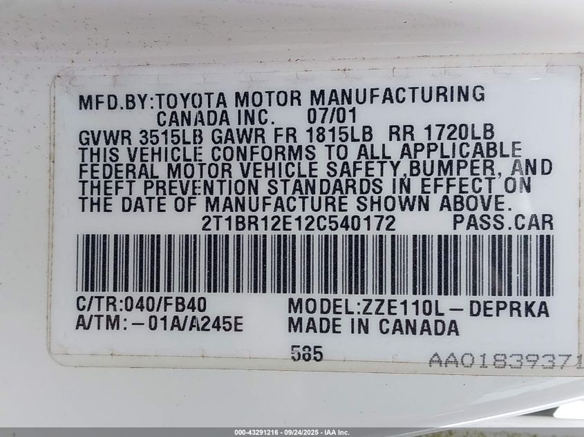 2002 Toyota Corolla Ce VIN: 2T1BR12E12C540172 Lot: 43291216