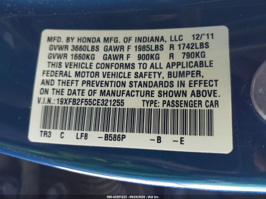 2012 Honda Civic Lx VIN: 19XFB2F55CE321255 Lot: 43291223