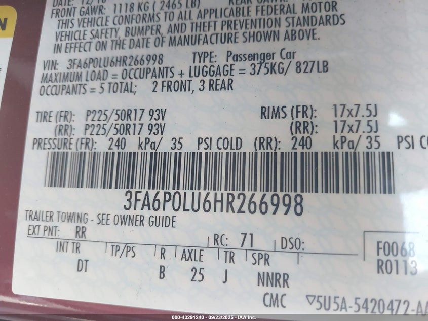 2017 Ford Fusion Hybrid Se VIN: 3FA6P0LU6HR266998 Lot: 43291240