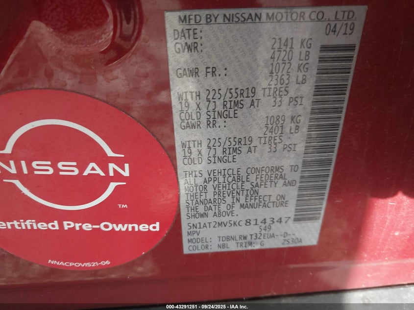 2019 NISSAN ROGUE SL - 5N1AT2MV5KC814347