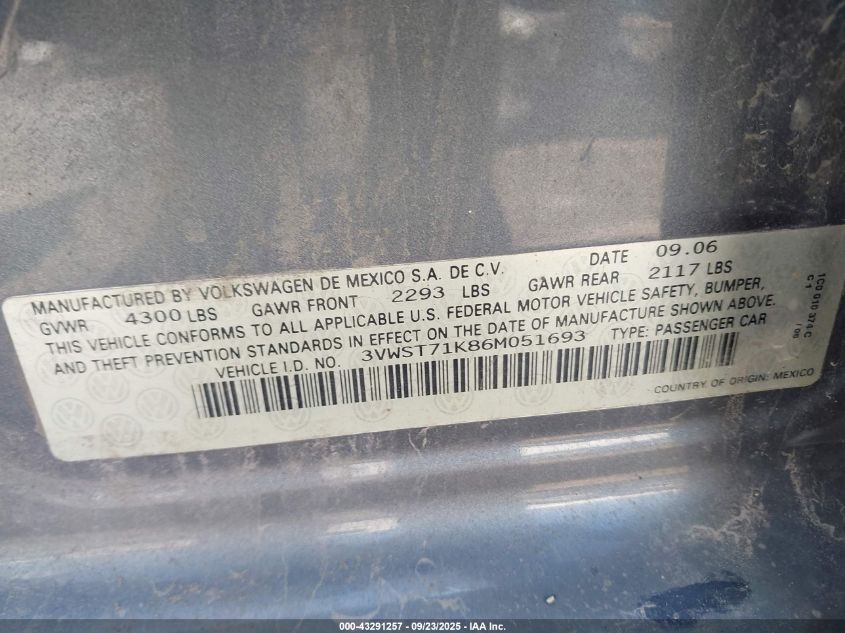 2006 Volkswagen Jetta Tdi VIN: 3VWST71K86M051693 Lot: 43291257