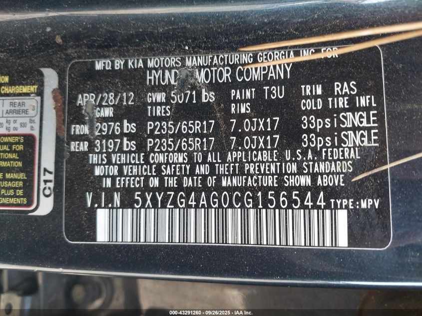 2012 Hyundai Santa Fe Gls V6 VIN: 5XYZG4AG0CG156544 Lot: 43446164