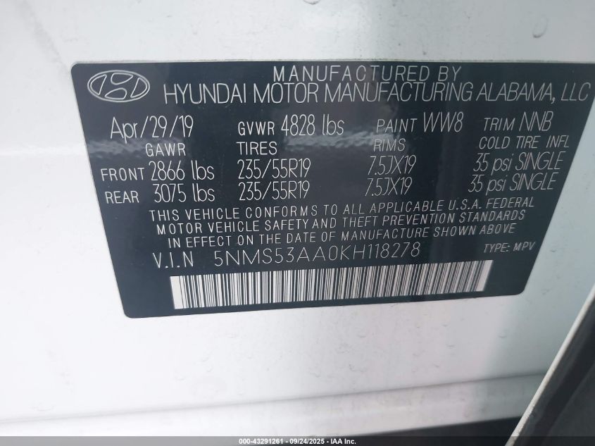 2019 Hyundai Santa Fe Limited 2.0T VIN: 5NMS53AA0KH118278 Lot: 43291261