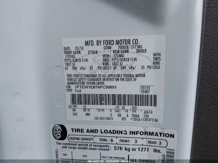 2010 Ford F-150 Xl/Xlt VIN: 1FTEW1E87AFC50651 Lot: 43291263