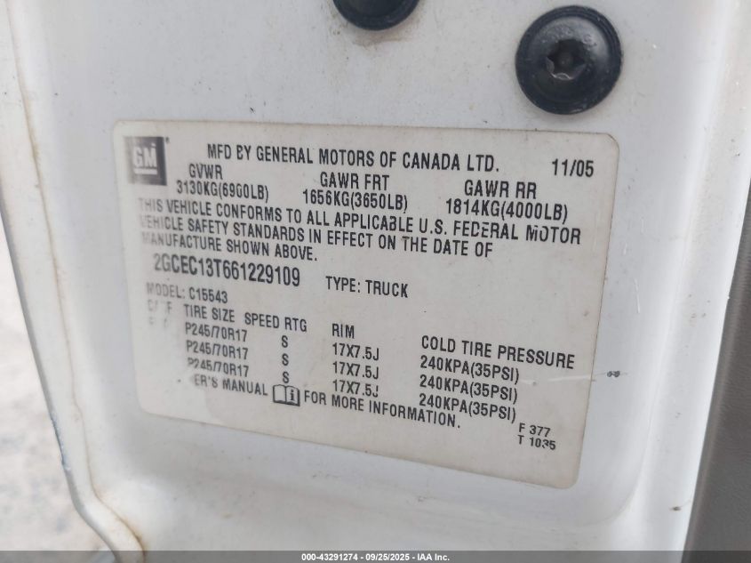 2006 Chevrolet Silverado 1500 Lt3 VIN: 2GCEC13T661229109 Lot: 43291274