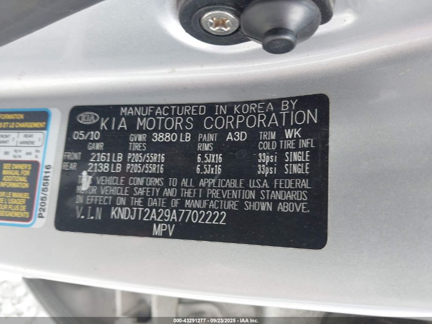 2010 Kia Soul + VIN: KNDJT2A29A7702222 Lot: 43291277