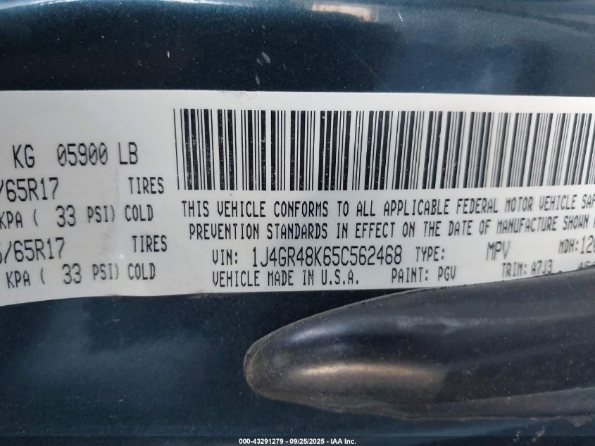 2005 Jeep Grand Cherokee Laredo VIN: 1J4GR48K65C562468 Lot: 43291279