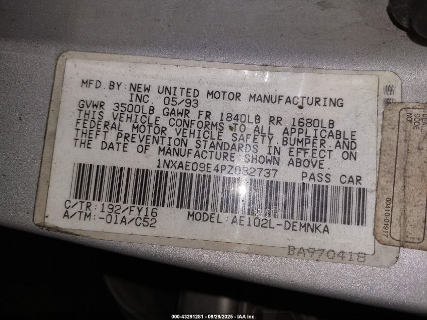 1993 Toyota Corolla Le/Dx VIN: 1NXAE09E4PZ082737 Lot: 43291281