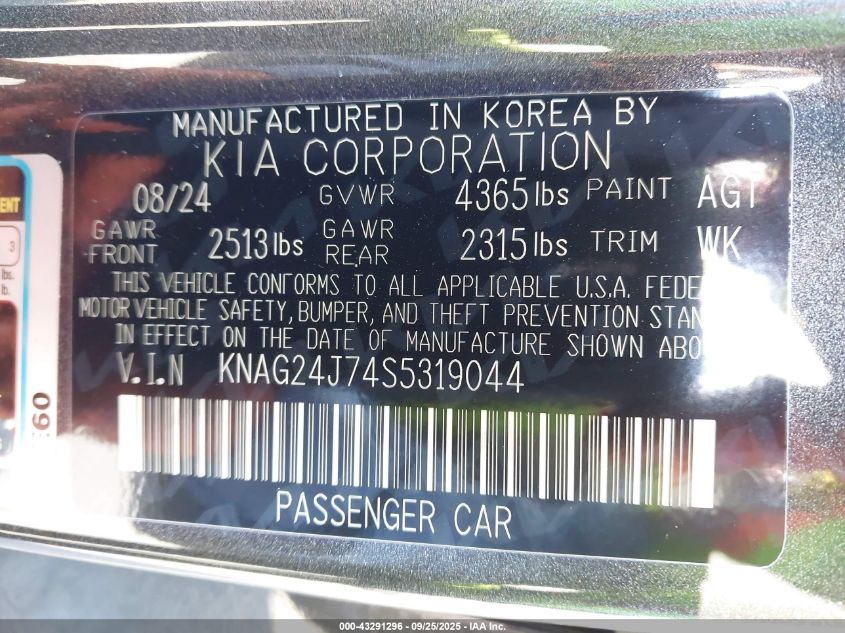 2025 Kia K5 Lxs VIN: KNAG24J74S5319044 Lot: 43291296