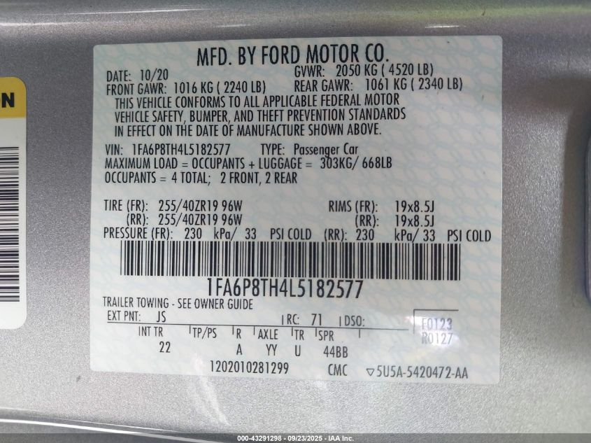 2020 Ford Mustang Ecoboost Fastback VIN: 1FA6P8TH4L5182577 Lot: 43291298