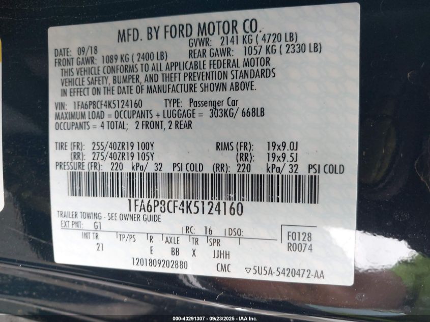 2019 Ford Mustang Gt VIN: 1FA6P8CF4K5124160 Lot: 43291307