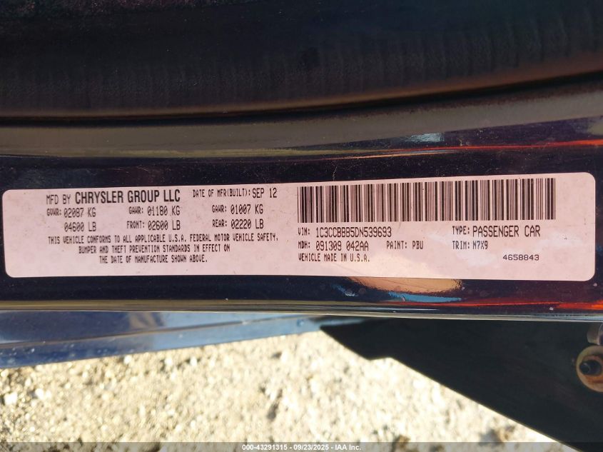 2013 Chrysler 200 Touring VIN: 1C3CCBBB5DN539693 Lot: 43291315