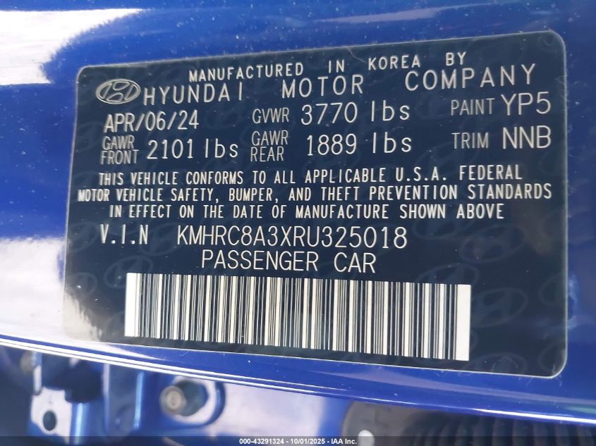 2024 Hyundai Venue Limited VIN: KMHRC8A3XRU325018 Lot: 43291324