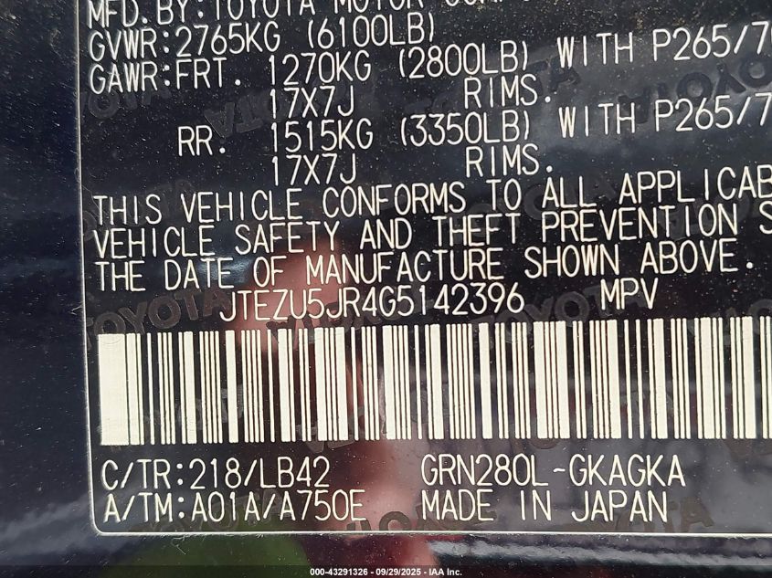 2016 Toyota 4Runner Sr5 Premium VIN: JTEZU5JR4G5142396 Lot: 43291326