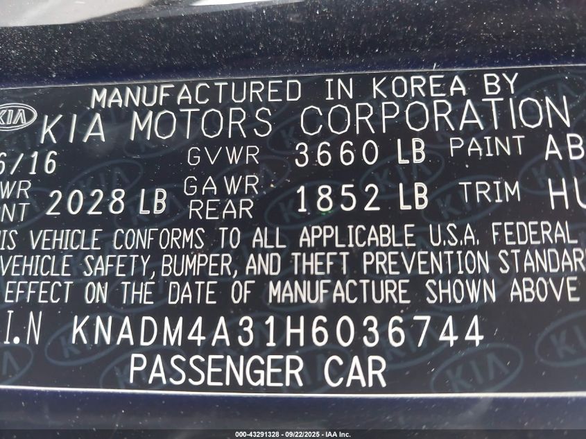 2017 Kia Rio Lx VIN: KNADM4A31H6036744 Lot: 43291328