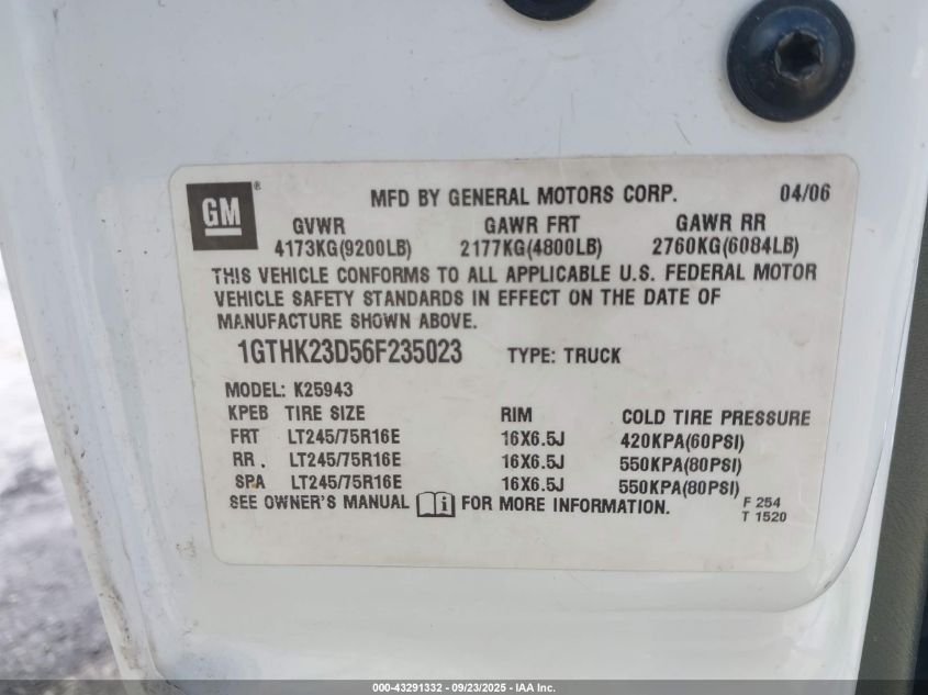 2006 GMC Sierra 2500Hd Sle2 VIN: 1GTHK23D56F235023 Lot: 43291332