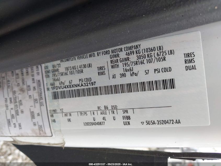 2022 Ford Transit-350 Passenger Van Xl VIN: 1FDVU4X8XNKA32197 Lot: 43291337