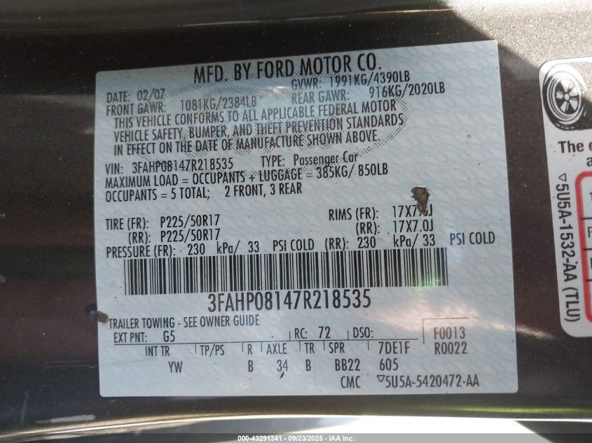 2007 Ford Fusion Sel VIN: 3FAHP08147R218535 Lot: 43291341